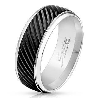 Bague homme en acier � bande de diagonales noires