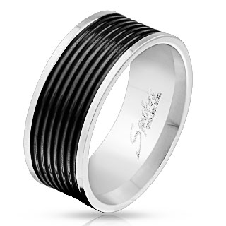 Bague homme en acier � bande de lignes noires
