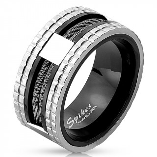 Bague homme en acier � bords crant�s avec encoche et filins noirs
