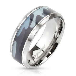 Bague homme en acier avec camouflage militaire marine