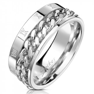 Bague homme en acier � chiffres romains et chaine