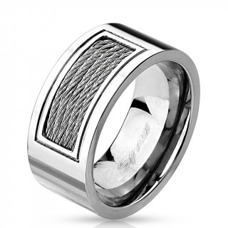 Bague homme en acier � large encoche centrale avec filins