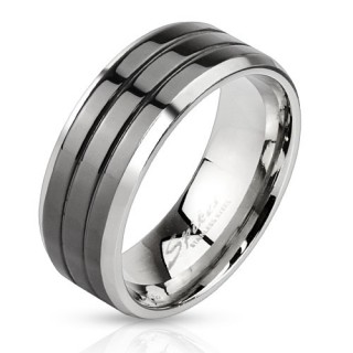 Bague homme en acier avec bandeau noir laqu� rainur�