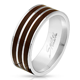 Bague homme en acier � trois lignes marrons