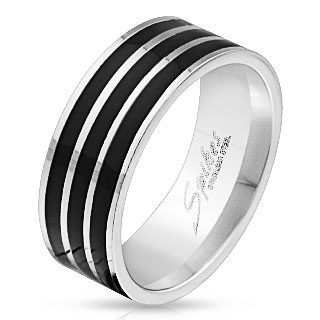 Bague homme en acier � trois lignes noires