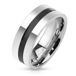 Bague homme en acier argent� avec bande noire centrale