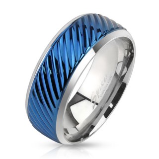 Bague homme en acier argent� avec bandeau bleu rainur�