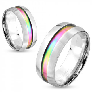 Bague mixte en acier argent� avec rainure arc en ciel