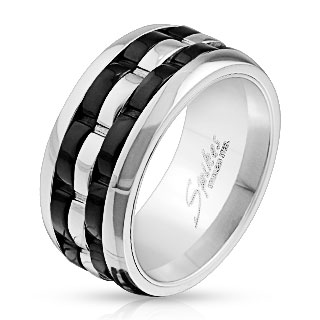 Bague homme en acier avec bande anti-stresse � arcs noirs et argent�s