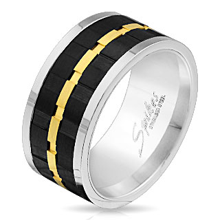 Bague homme en acier avec bande anti-stresse noire et dor�e style crant�