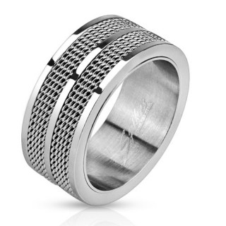 Bague homme en acier avec bandeaux de mailles