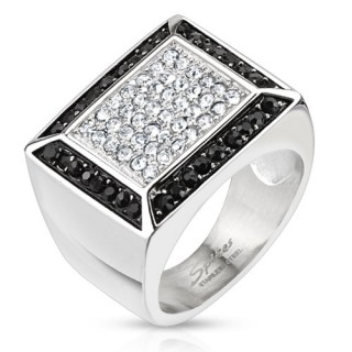 Bague homme en acier avec rectangle de pierres claires bord� de pierres noires