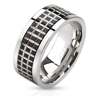 Bague homme en acier avec carrelage noir