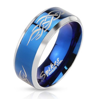 Bague homme bleue en acier avec motifs tribaux et bords argent�s