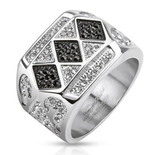 Bague homme en acier � multiples motifs de pierres