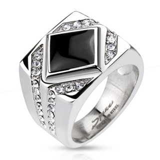 Bague homme en acier avec onyx en losange et lignes de pierres