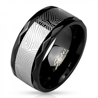 Bague homme en acier bicolore a motifs empreintes digitales et bords facett�s