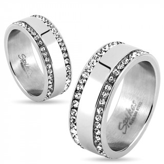 Bague mixte en acier � bordures cercl�es de pierres