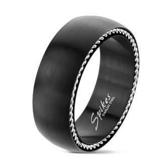 Bague homme en acier bross� noir mat � cable torsad�