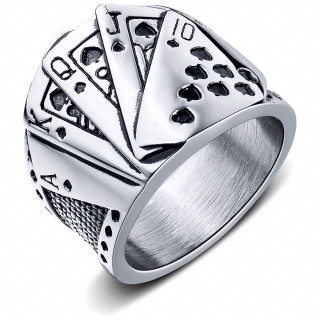 Bague homme en acier � cartes Quinte Flush Royale