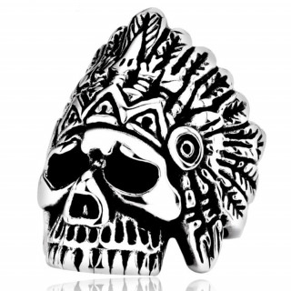 Bague homme en acier � crane de chef indien