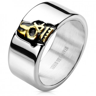 Bague homme en acier � crane dor� semi dissimul�