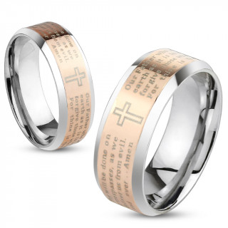 Bague homme en acier cuivr� avec pri�re et croix