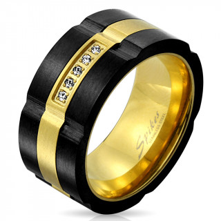 Bague homme en acier dor� � ligne de pierres bord�e d'anneaux noirs