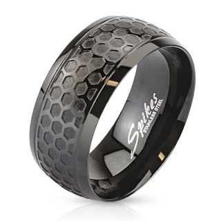 Bague homme noire en acier avec bande en structure nid d'abeilles