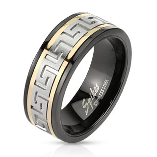 Bague homme noire en acier avec frise labyrinthe bord�e de lignes cuivr�es
