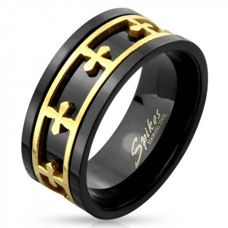 Bague homme en acier noir avec bandeau dor� ajour� � croix