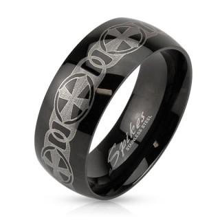 Bague homme en acier noir avec chaine de croix grav�e au laser