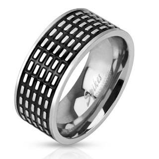 Bague homme en acier avec 5 lignes de pointill�s sur bande noires