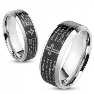Bague homme en acier noir avec pri�re et croix