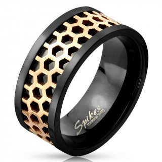 Bague homme en acier noir avec structure en nid d'abeilles cuivr�e