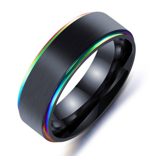Bague homme en acier noir bross� � bords arc en ciel