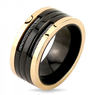 Bague homme en acier noir et cuivr� � encoches avec filins