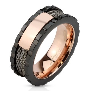Bague homme en acier noir et cuivr� � filins et bords crant�s