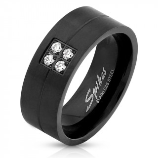 Bague homme en acier noir mat � rainure et carr� de pierres