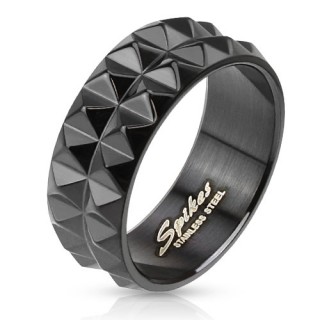 Bague homme noire en acier avec 2 lignes de pyramides
