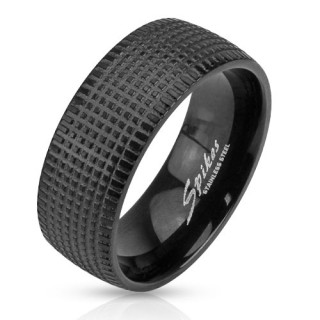 Bague homme noire en acier � relief pointill�