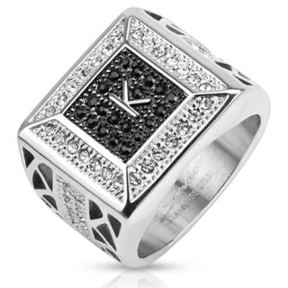 Bague homme en acier pav�e de pierres surmont�es d'un "K"