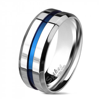 Bague homme en acier poli � rainure centrale bleue