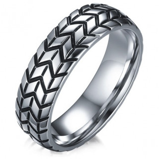 Bague homme en acier � reliefs noirs style pneu