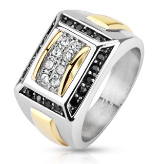 Bague homme en acier dor� et argent� pav�e de pierres noires et claires