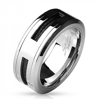 Bague homme en acier travers�e de filins noirs