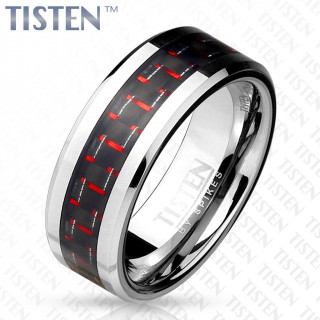 Bague homme en Tisten et fibre de carbone noire � inclusions rouges