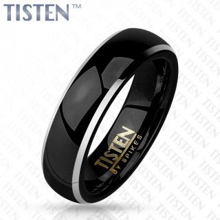 Bague homme en Tisten noir � bords argent�s en bizeau