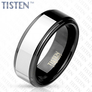 Bague homme en Tisten noir cercl�e d'une bandeau argent�