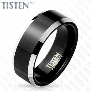 Bague homme en Tisten noir mat � bords biseaut�s